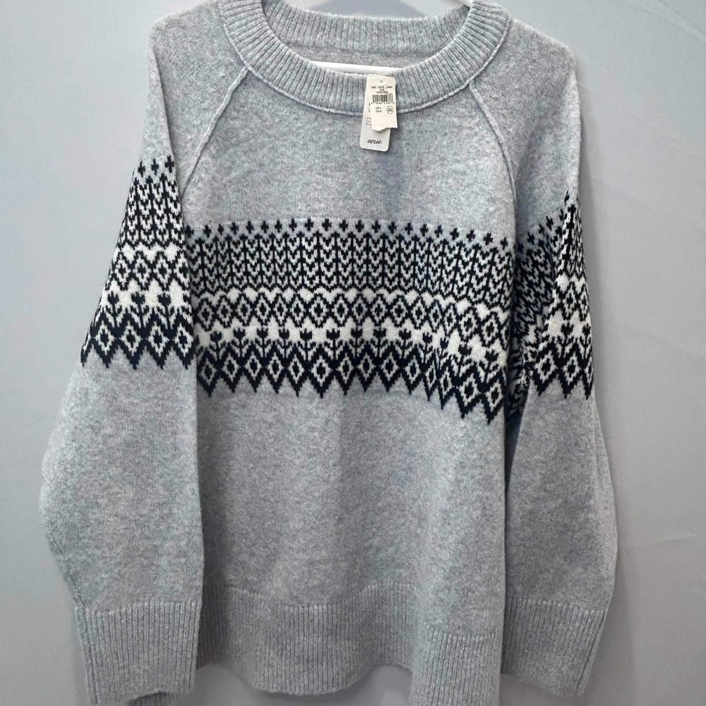 Aerie Sweater Women Large Grey Fair Isle Crewneck Knit Pullover NWT